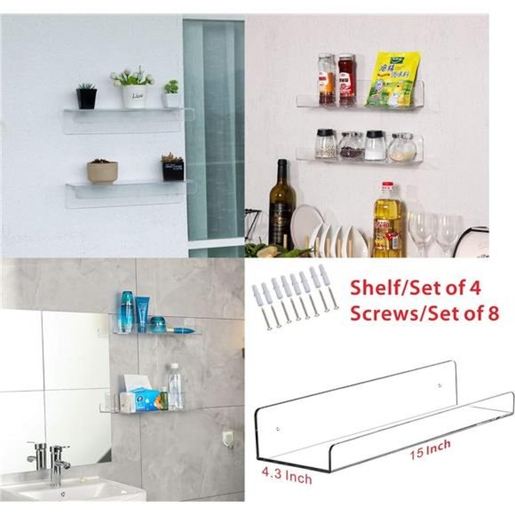 15"Invisible AcrylicFloating Wall Ledge Shelf,Wall Mounted Nursery KidsBookshelf - Picture 2 of 7